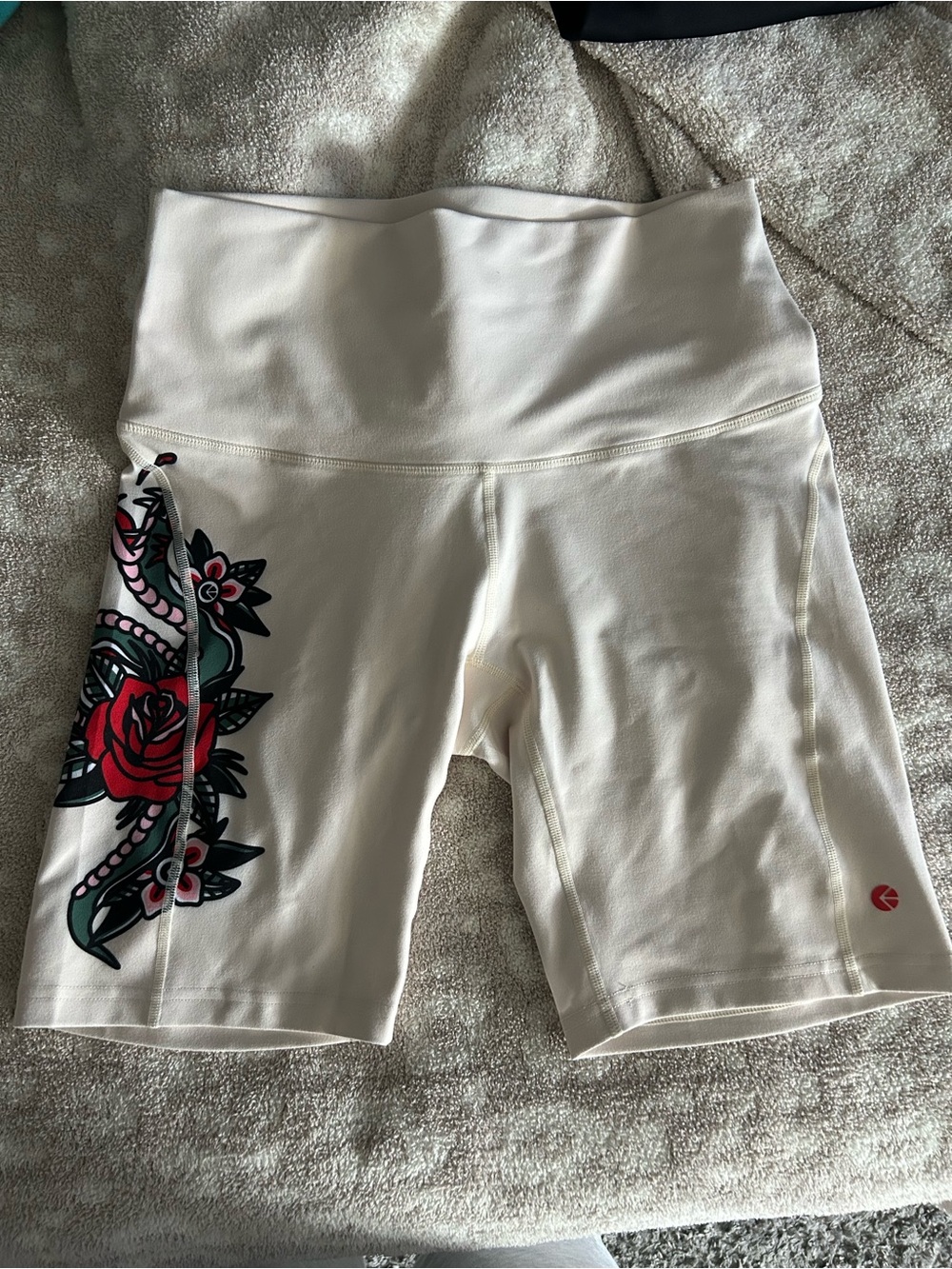 ethika Cream Bike Shorts with Red Rose Side Graphic